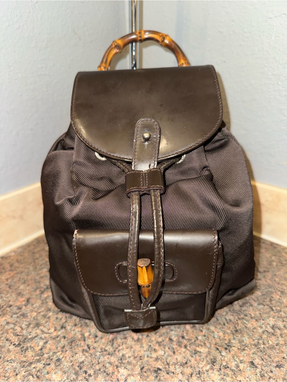 Gucci bamboo Vintage Brown Nylon & Patent Leather Mini Backpack (WITH COA) - Picture 2 of 10